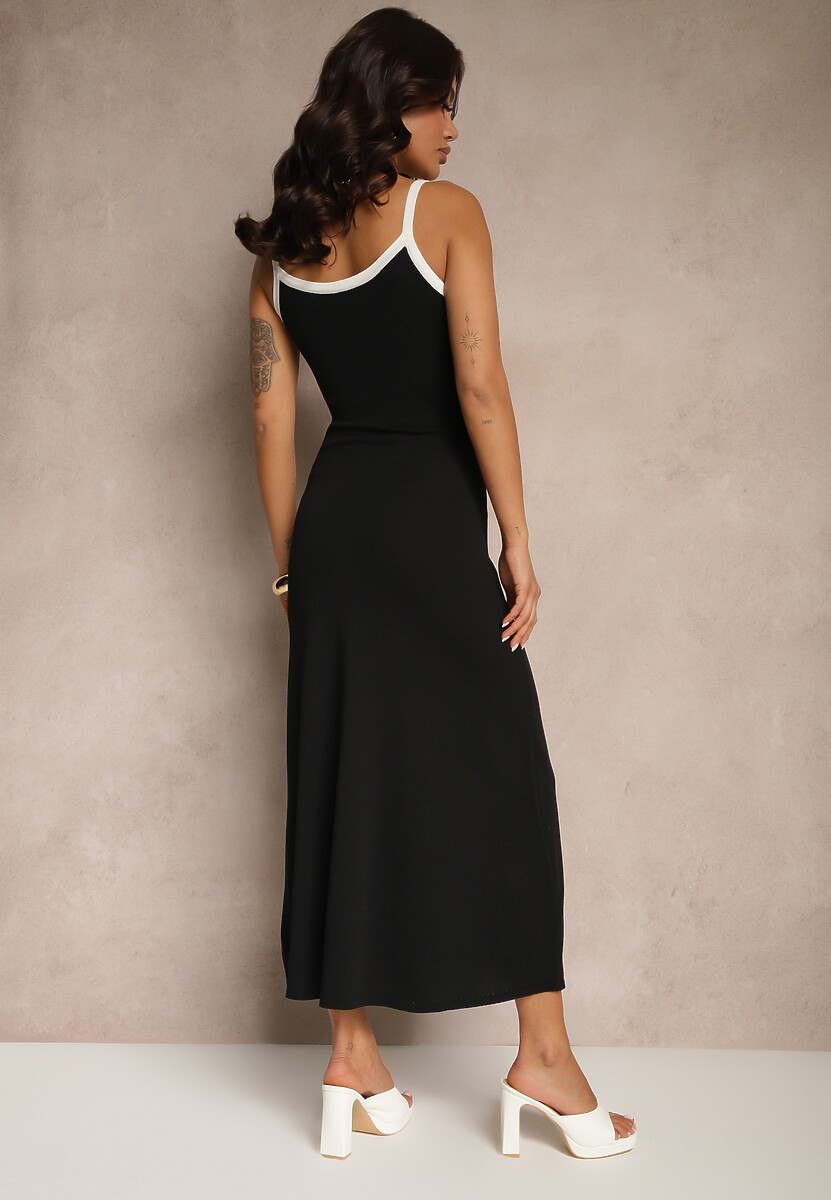 Czarna Sukienka z Wiskozy na Ramiączkach Zdobiona Printem w Prążki Zalirana