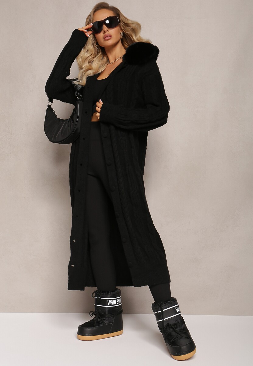 Czarny Wiskozowy Kardigan w Warkoczykowy Splot z Futrzanym Kołnierzem Nirossa