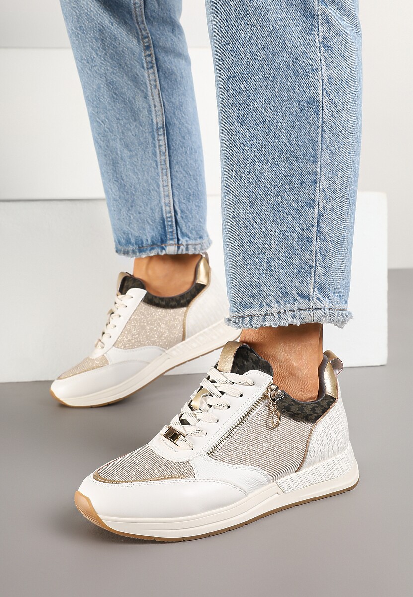 Beżowo-Złote Sneakersy z Wkładką ze Skóry Naturalnej Zdobione Suwakiem Fihanor