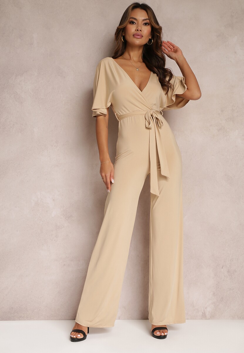 Czarny Długi Kombinezon z Wiązaniem i Głębokim Kopertowym Dekoltem Sumya