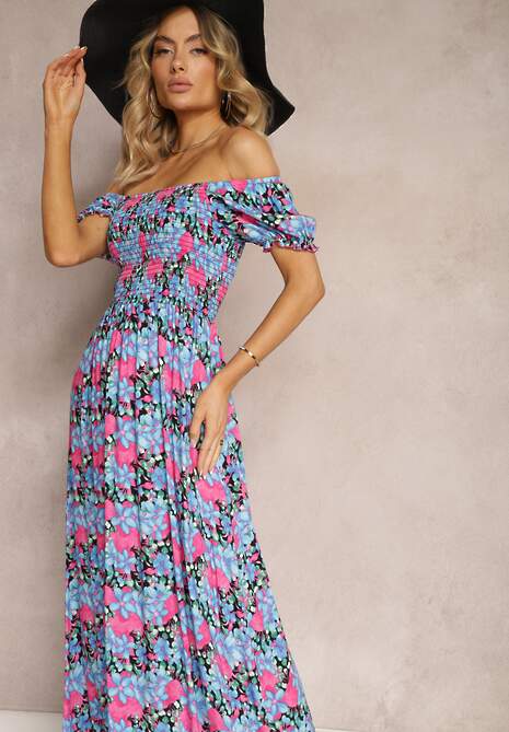 Fioletowo-Niebieska Hiszpanka Sukienka o Rozkloszowanym Kroju i Gumkami przy Dekolcie Kaseria