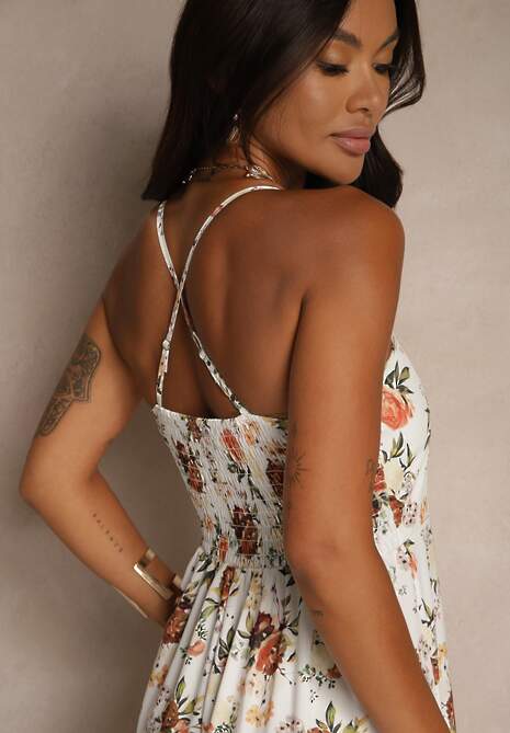 Beżowa Rozkloszowana Sukienka z Wiskozą w Kwiatowy Wzór Nalivie