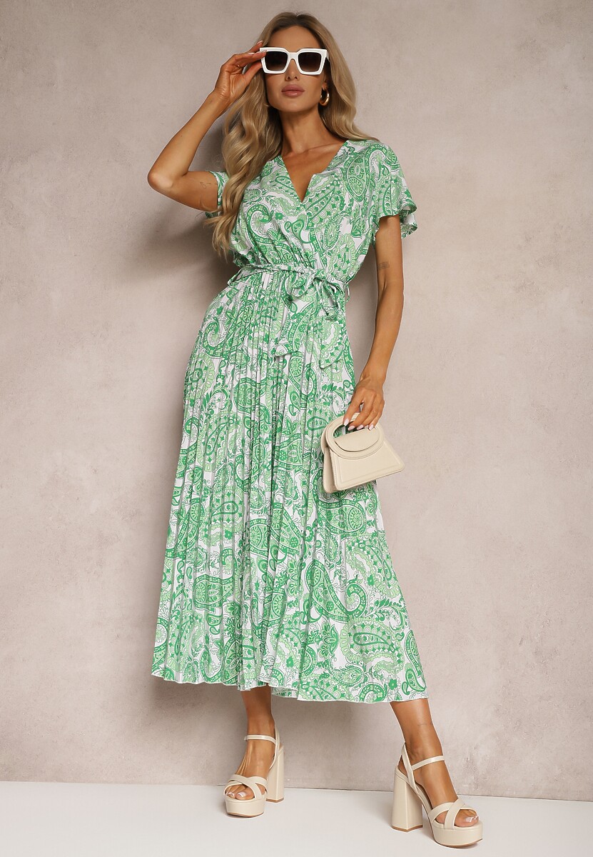 Pomarańczowa Rozkloszowana Sukienka z Trójkątnym Dekoltem z Materiałowym Paskiem i Gumką w Talii Carimi