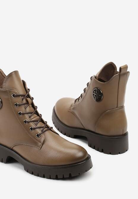 Ciemnobeżowe Botki Potocki Workery z Geometryczną Ozdobą Firiselle