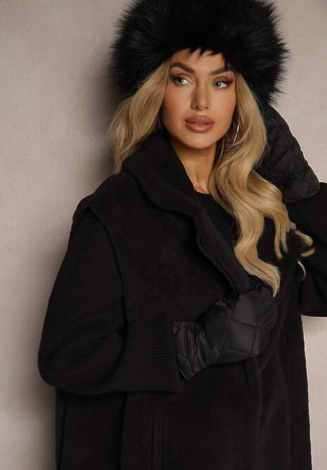 Czarny Płaszcz Futerko z Rękawami z Dzianiny Ravileth