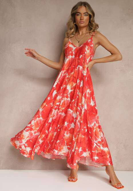 Czerwona Wiskozowa Sukienka Ozdobiona Abstrakcyjnym Motywem Nillosea