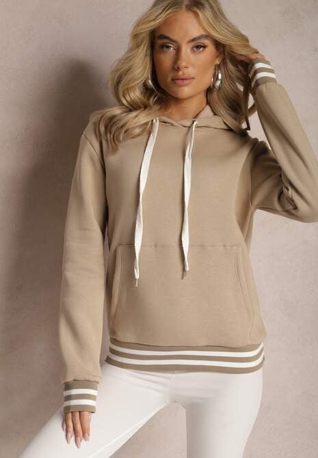 Beżowa Bluza Kangurka z Bawełny ze Ściągaczami w Paski i Kapturem Gaiana