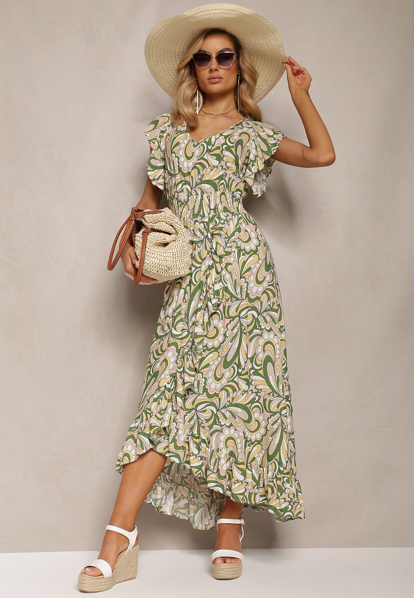 Ciemnozielona Sukienka Boho z Gumką w Pasie i Asymetrycznym Dołem z Wiskozy Anorissa