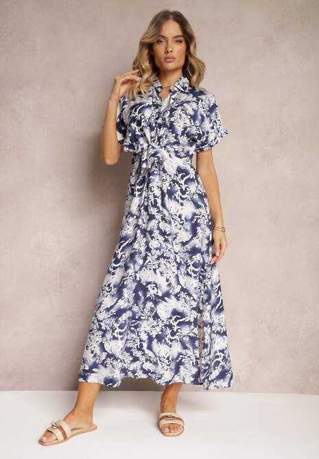 Niebiesko-Biała Sukienka Taliowana z Gumką w Talii Nasilena