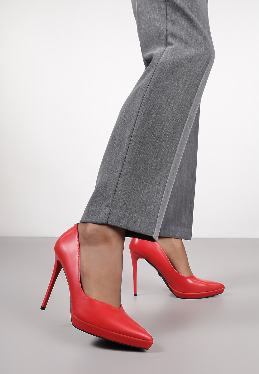 Czerwone Szpilki Vices na Grubej Podeszwie z Wkładką ze Skóry Naturalnej Ahrrie