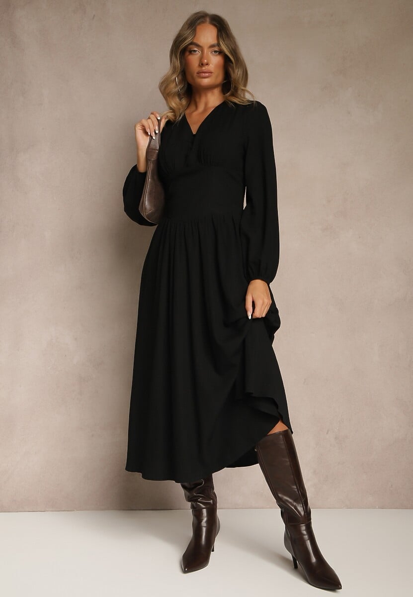 Czarna Gorsetowa Sukienka z Wiskozą z Guzikami i Bufiastymi Rękawami Ahlite