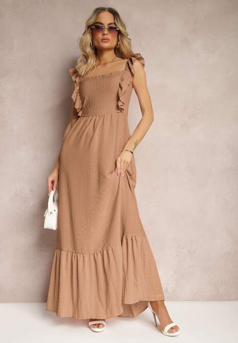 Ciemnobeżowa Sukienka z Wiązaniem na Plecach na Ramiączkach z Falbankami i Gumką w Pasie Rollas