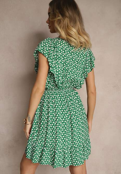 Zielona Bawełniana Sukienka o Rozkloszowanym Kroju z Guzikami w Kwiatowy Wzór Roniva