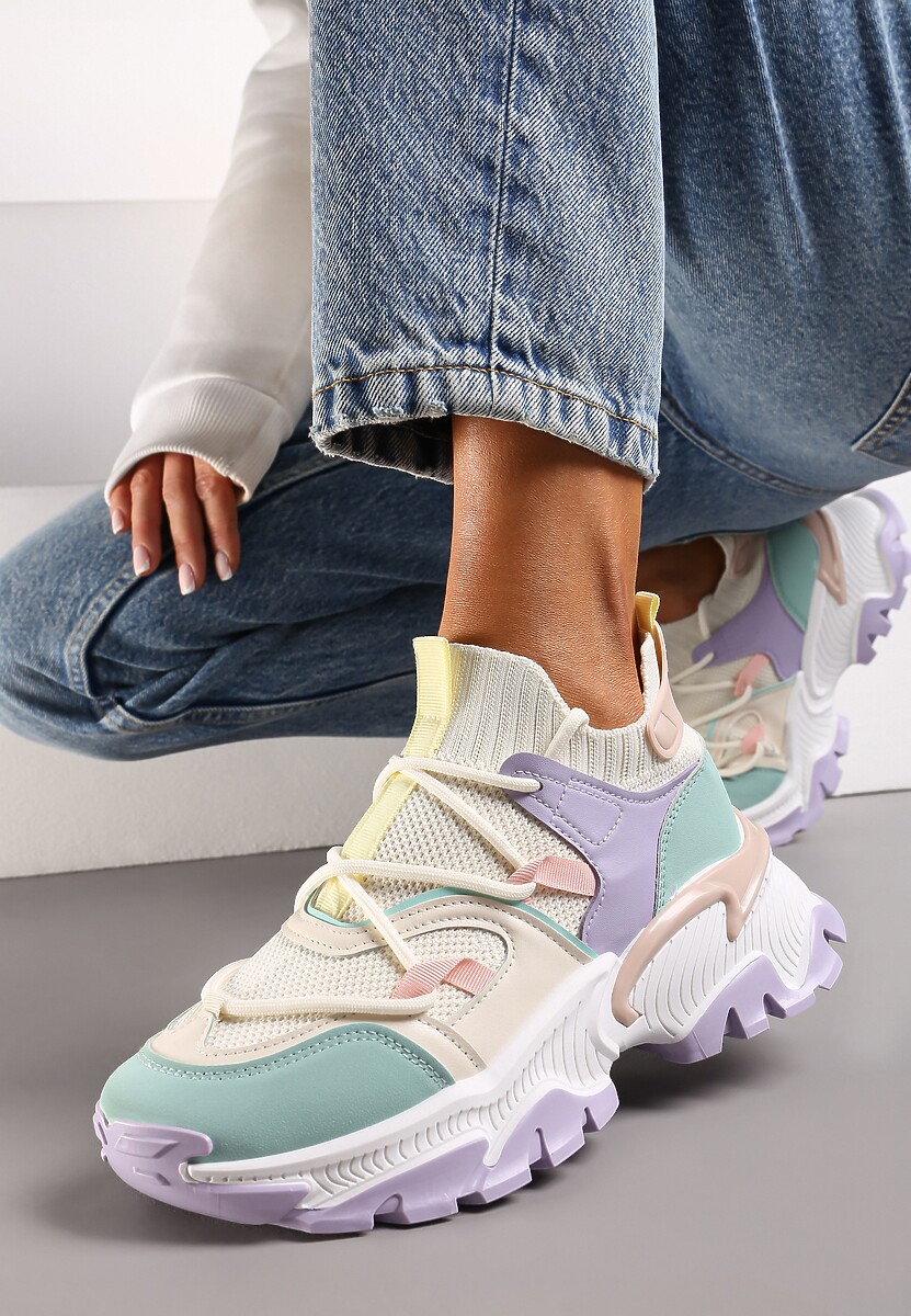 Fioletowo-Zielone Sneakersy w Skarpetkowym Stylu z Elastycznym Wiązaniem i Tłoczoną Podeszwą Ielene