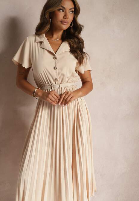 Beżowa Plisowana Rozkloszowana Sukienka z Paskiem Guzikami i Gumką w Talii Nelaika