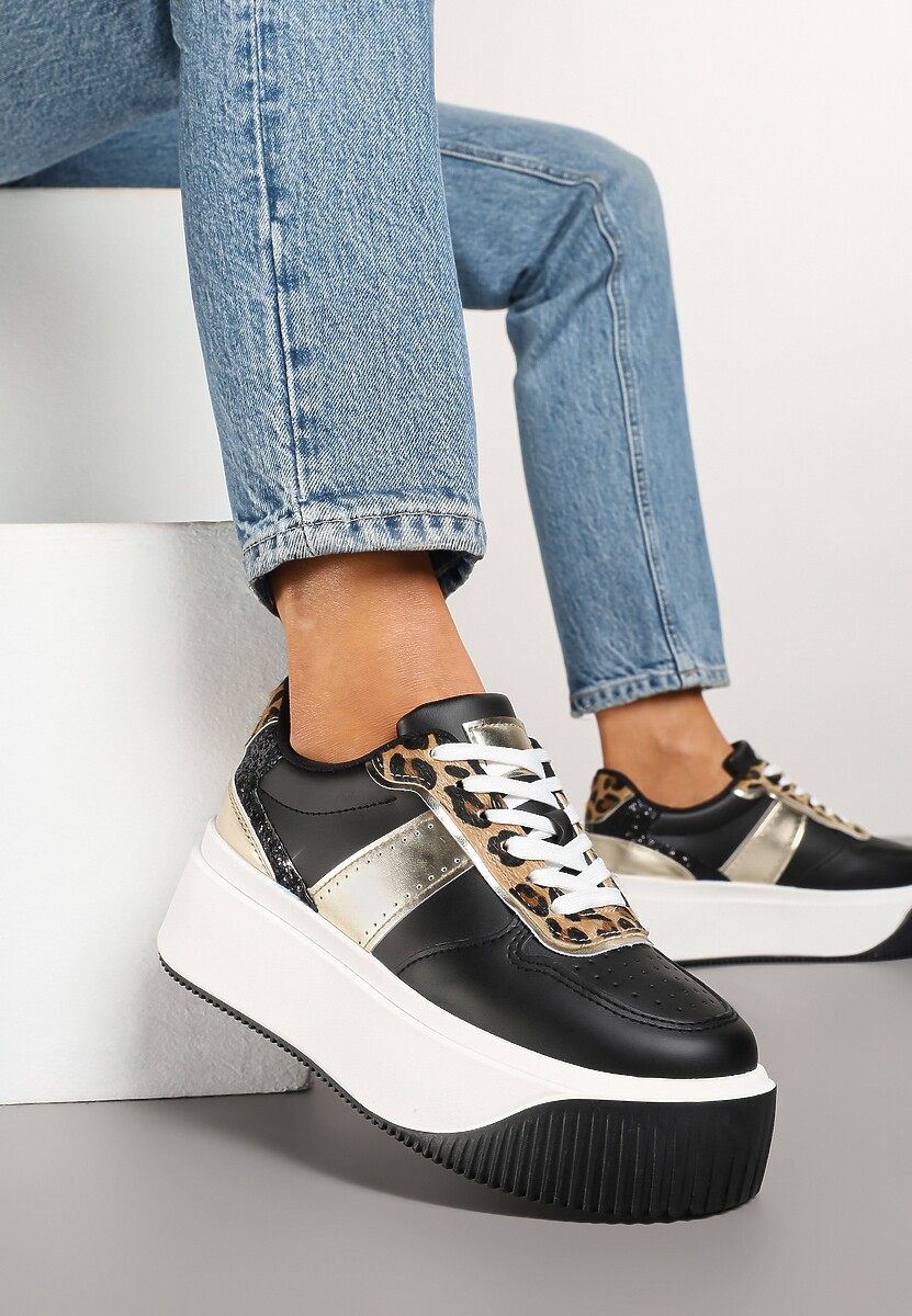 Czarne Sneakersy na Platformie z Metalicznym Zdobieniem i Printem w Panterkę Fonarien