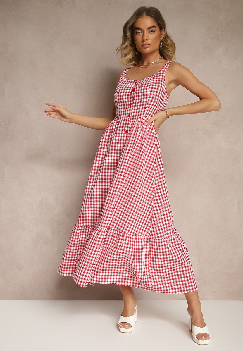 Czerwona Sukienka w Kratkę Vichy z Guziczkami Lenivelle