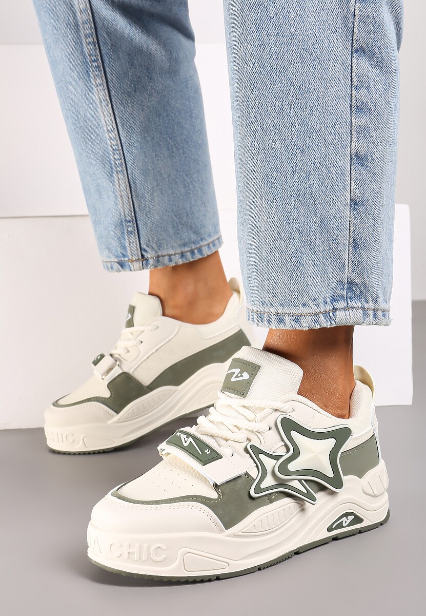 Beżowo-Zielone Sneakersy na Platformie z Grubymi Sznurowadłami i Zapięciem na Rzep Arlaia