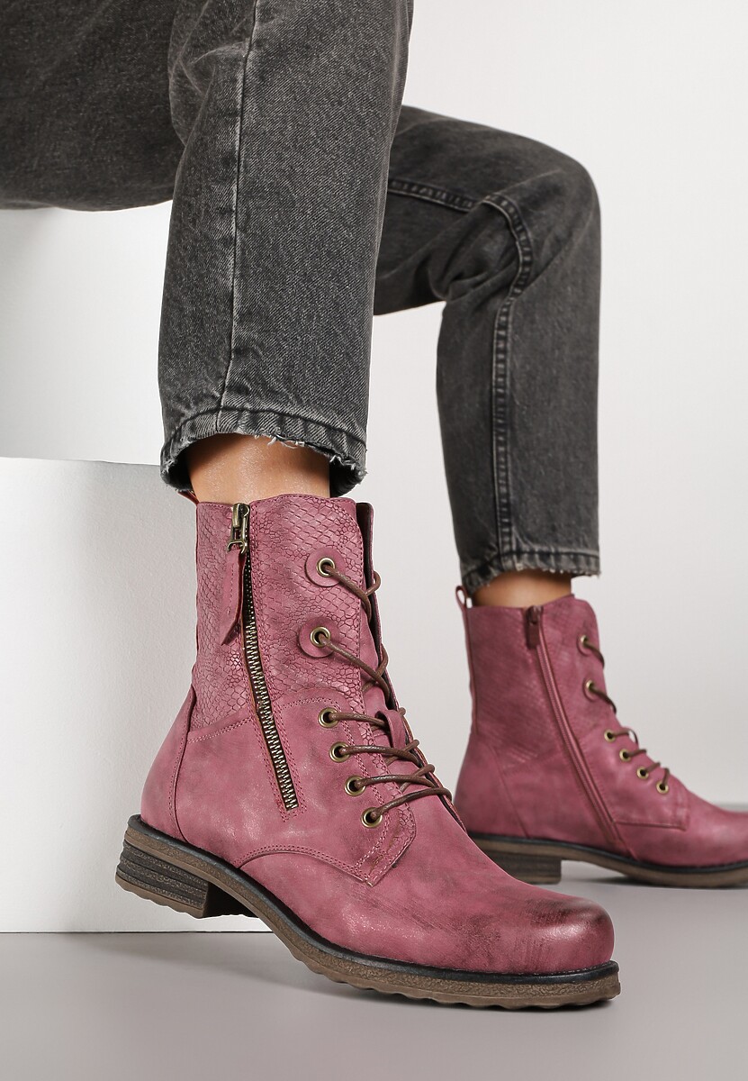 Brązowe Botki w Stylu Workerów z Ozdobnym Suwakiem i Wężową Wstawką Vemalora