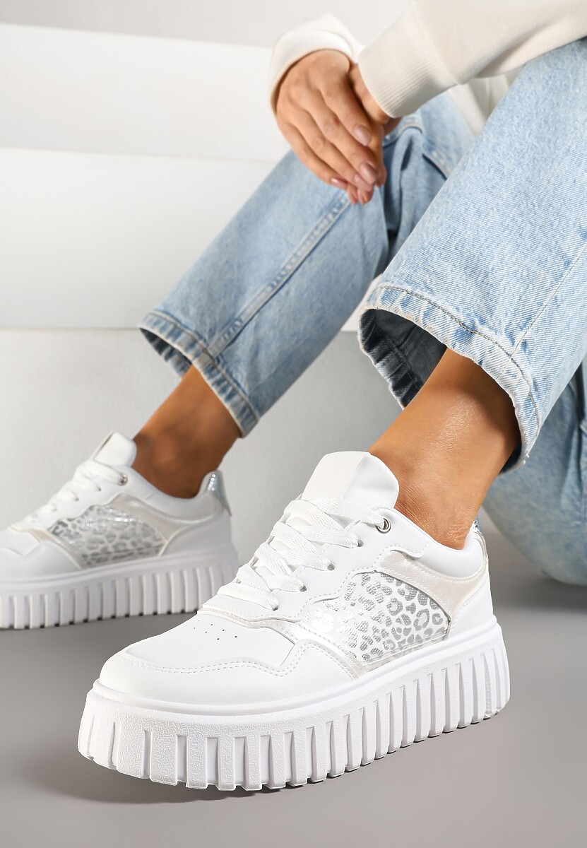 Białe Sneakersy na Platformie z Tłoczeniem Ozdobione Panterką i Perforacją Udivaya