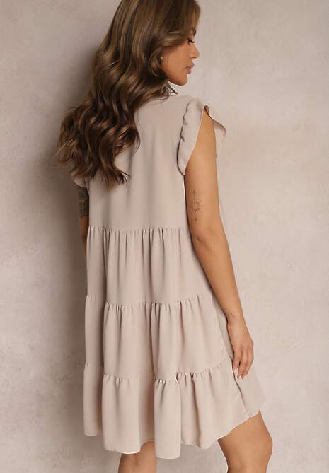 Beżowa Sukienka z Krótkim Rękawem i Ozdobnymi Falbankami o Rozkloszowanym Kroju Vetesa