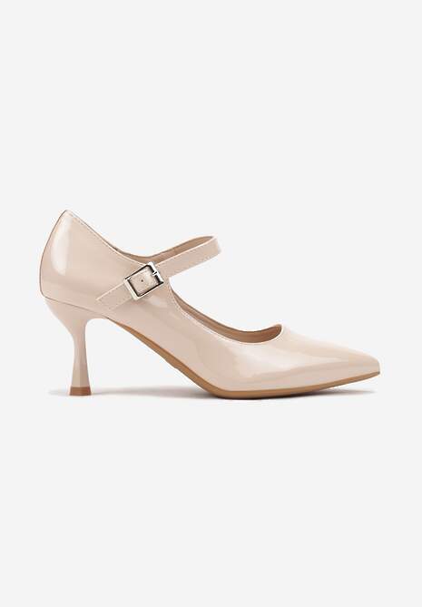 Beżowe Czółenka Lakierowane na Szpilce z Ozdobnym Paskiem na Sprzączkę Erisla
