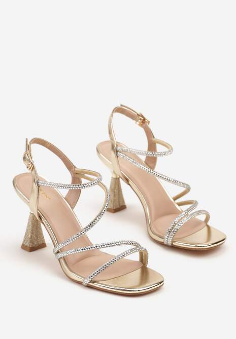 Złote Cyrkoniowe Sandały Vices na Stożkowym Obcasie Galitiela