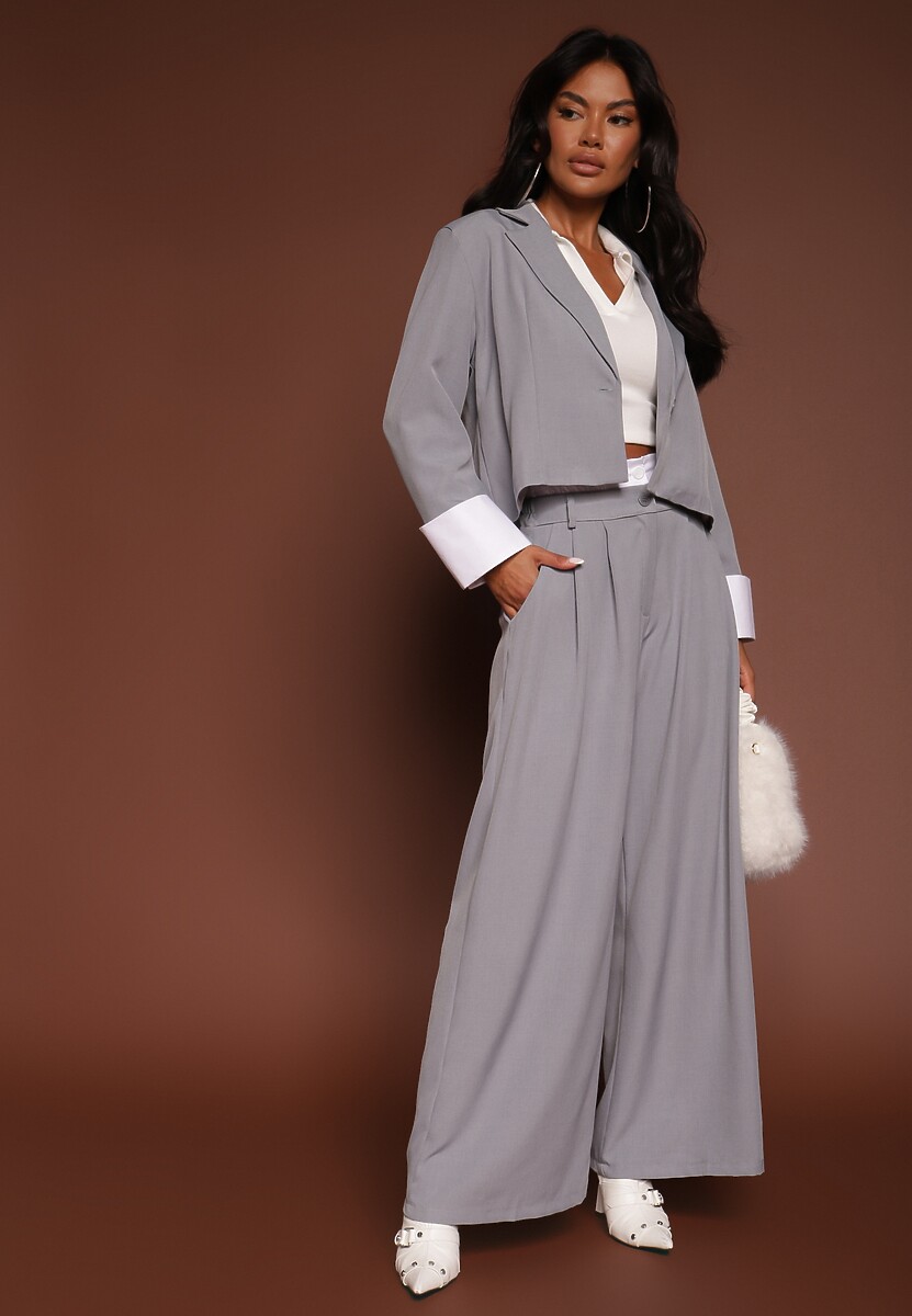 Ciemnobrązowy Garniturowy Komplet Marynarka i Spodnie z Kontrastującymi Zdobieniami Davirielle