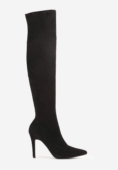 Czarne Kozaki Vices z Imitacji Zamszu na Szpilce z Marszczoną Cholewką Calavelie