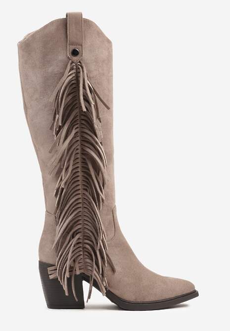 Beżowe Kozaki Kowbojki na Stożku Zdobione Frędzlami Nucca