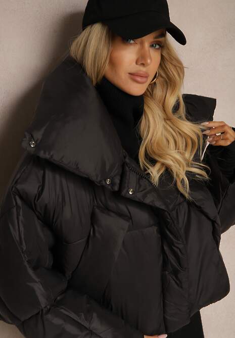 Czarna Nietoperzowa Kurtka z Szerokim Kołnierzem i Ściągaczami Neavirae