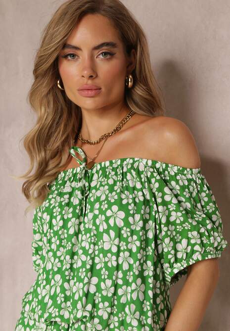 Zielona Wiskozowa Sukienka Mini Hiszpanka z Gumką w Pasie Bradite