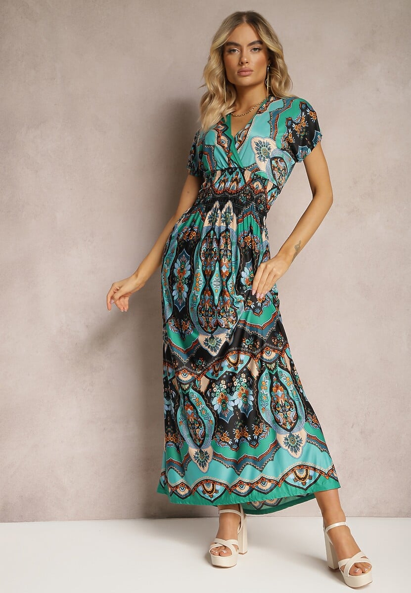 Zielona Długa Sukienka z Kopertowym Dekoltem i Wzorem Etno z Wiskozy Algrisa