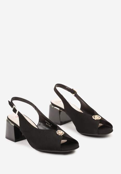 Czarne Sandały na Słupku bez Pięty z Metaliczną Ozdobą Valieha