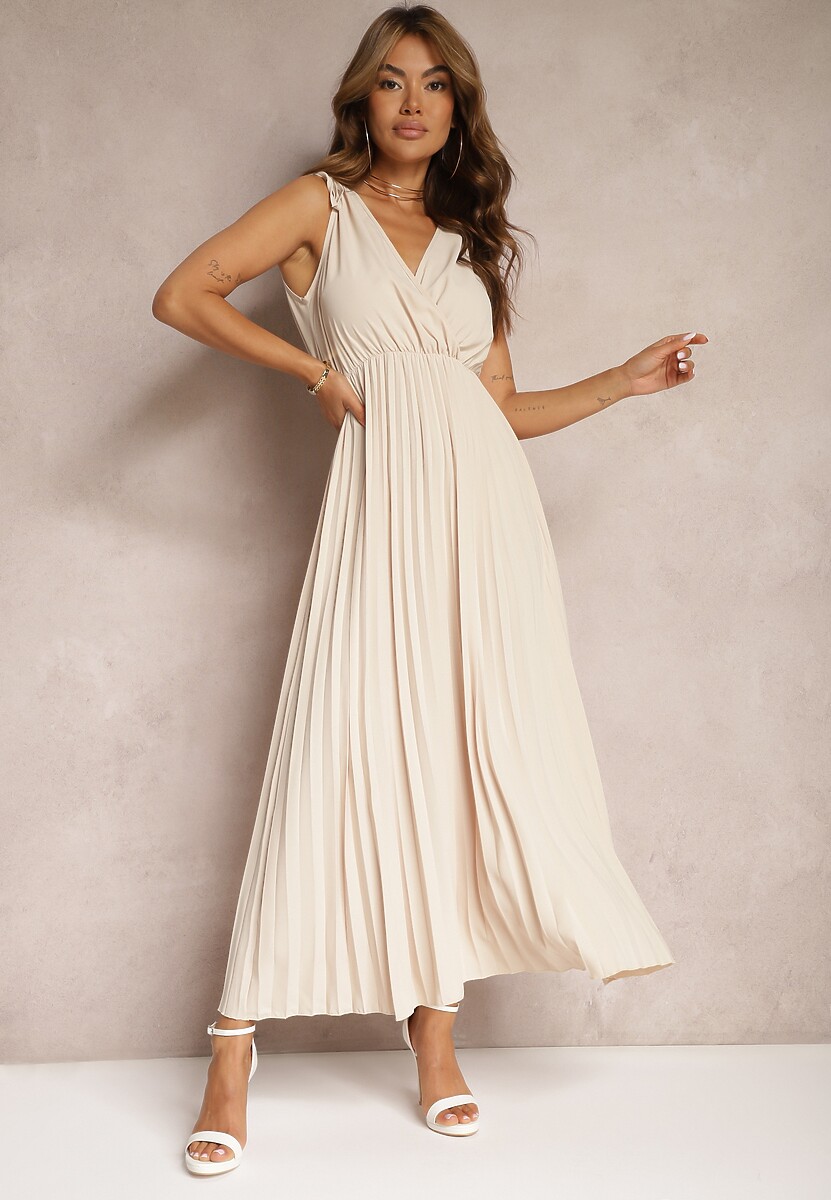 Beżowa Rozkloszowana Sukienka Plisowana z Wiskozą i Bawełną Wykończona Gumką w Talii Yefia