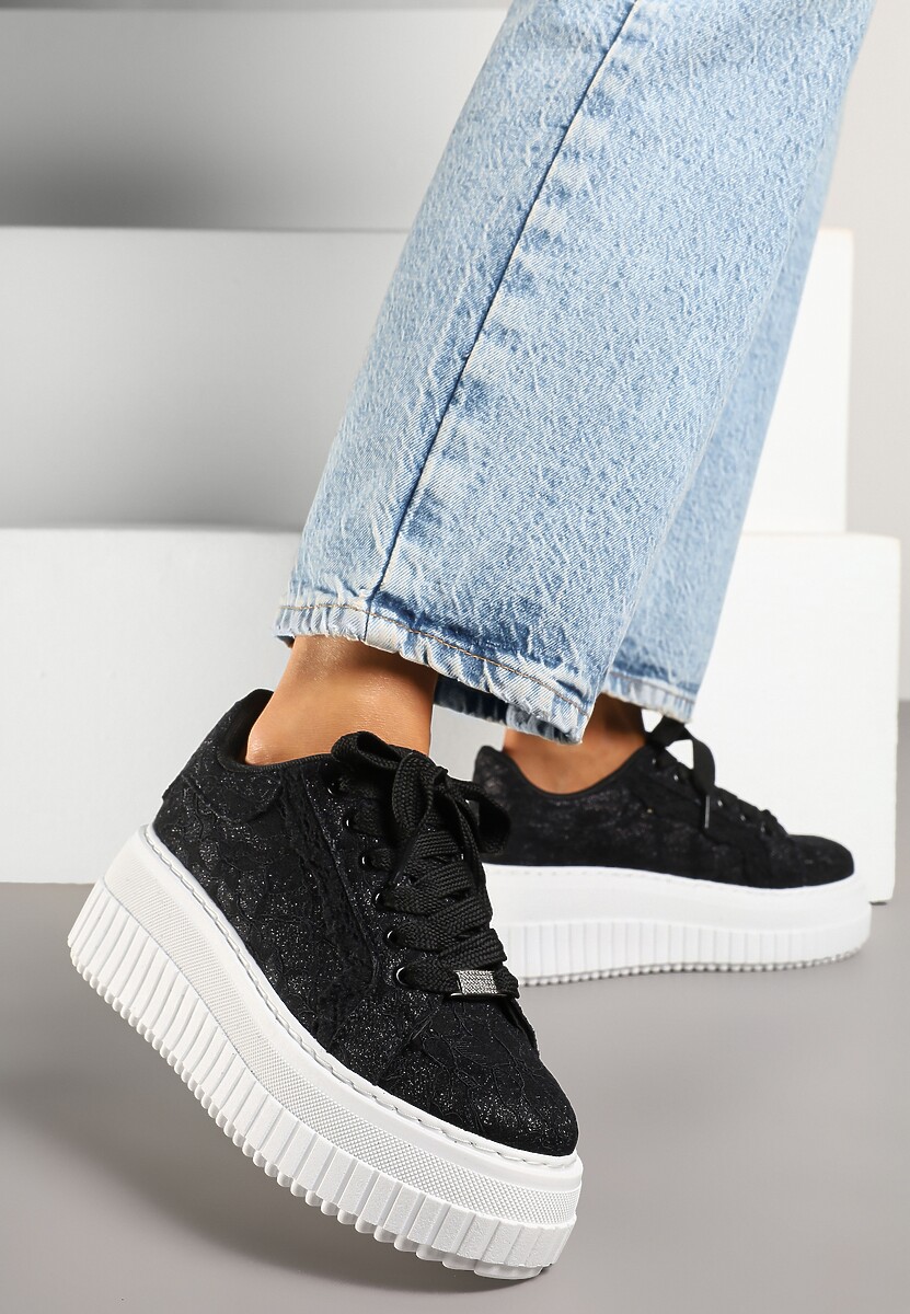Czarne Sneakersy na Platformie Ozdobione Brokatem Tihisse