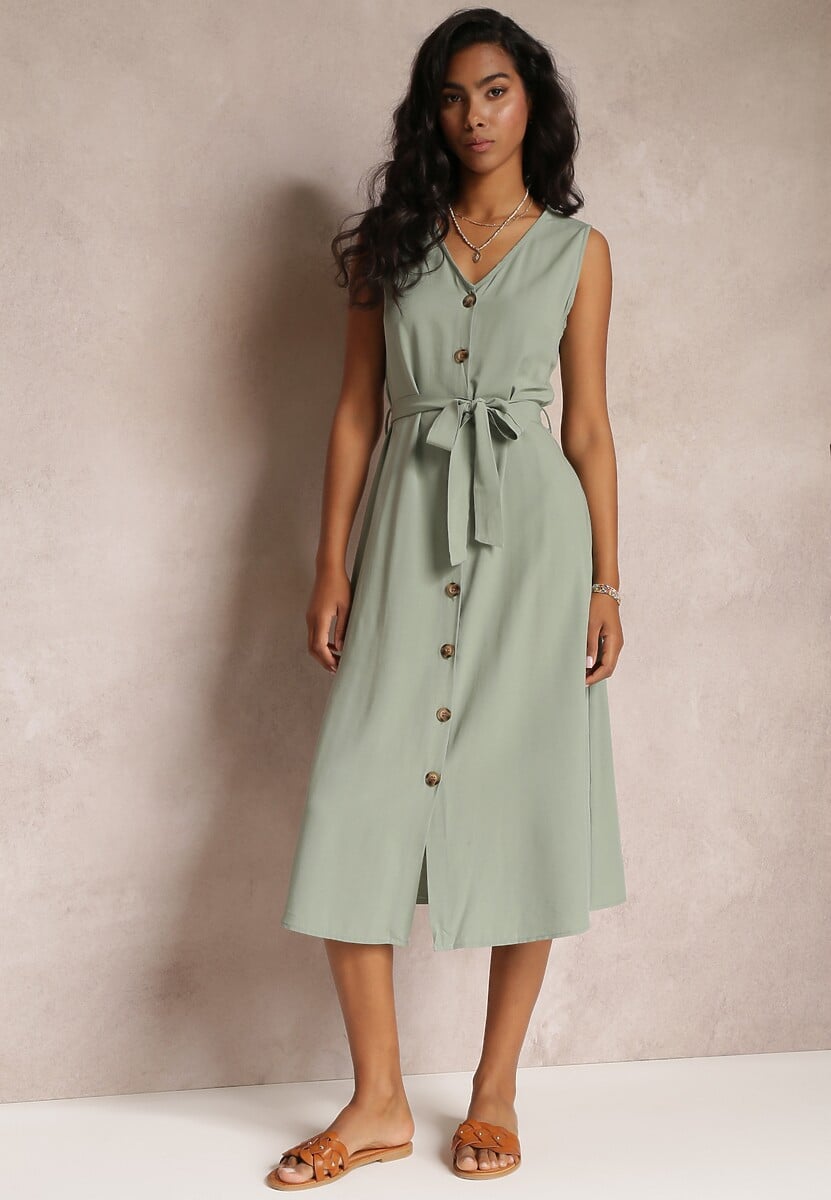 Zielona Trapezowa Sukienka Midi bez Rękawów z Wiązanym Paskiem Ajana