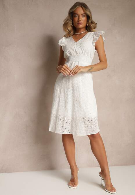 Biała Haftowana Rozkloszowana Sukienka z Bawełny Neliasta