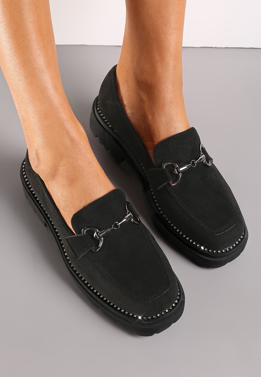 Czarne Mokasyny z Klamerką na Platformie z Cyrkoniami i Wkładką ze Skóry Naturalnej Tawai