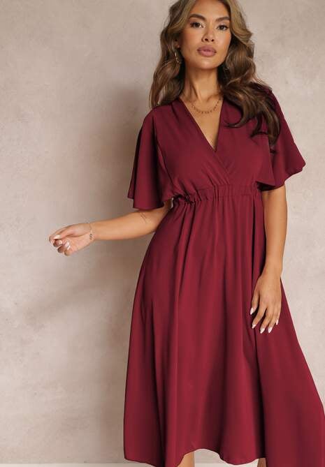 Bordowa Sukienka z Gumką w Talii Krótkim Rękawem i Kopertowym Dekoltem Kelila