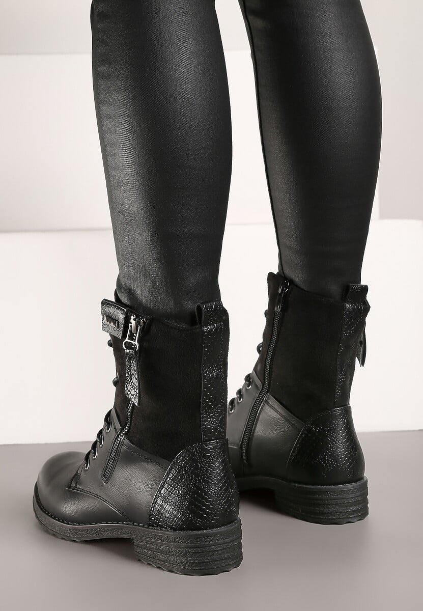 Czarne Botki Sznurowane z Zamkiem Hiyab