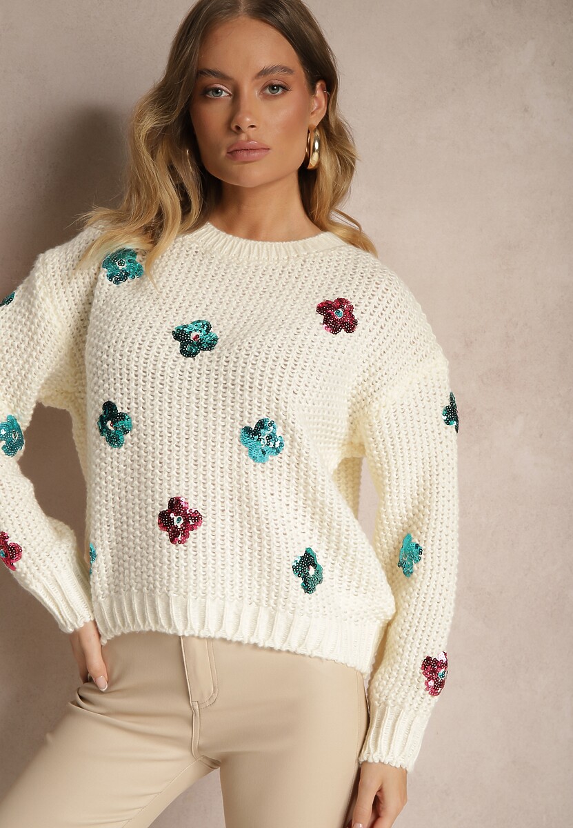 Jasnobeżowy Sweter z Wiskozą Zdobiony Cekinowymi Aplikacjami z Kwiatami Edalora