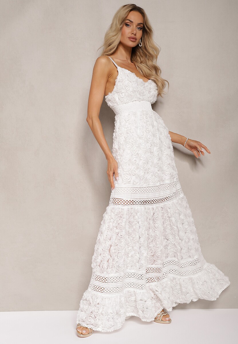 Biała Sukienka Koktajlowa z Motywem Kwiatów na Regulowanych Ramiączkach z Gumką w Talii Navitha