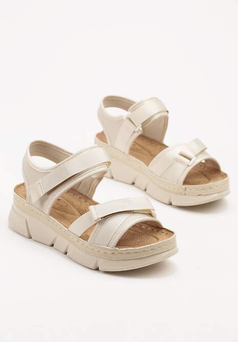 Beżowe Sandały z Wkładką ze Skóry Naturalnej i Geometrycznymi Paskami Tosillea