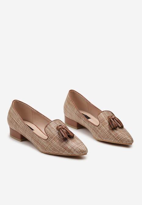 Brązowe Mokasyny Loafersy Ozdobione Frędzlami i Kolorową Plecionką Tiules