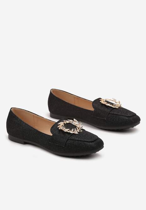 Czarne Brokatowe Mokasyny na Płaskiej Podeszwie z Ozdobną Klamrą Filian