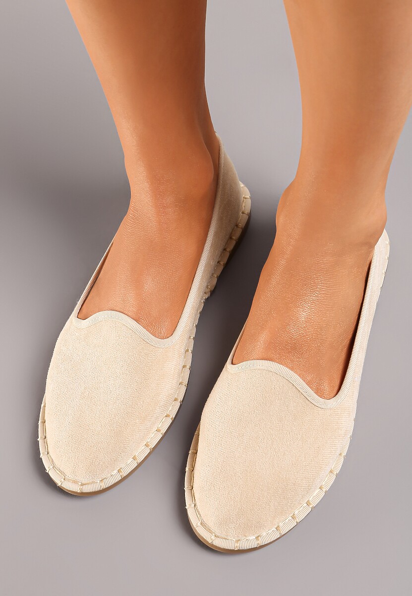 Beżowe Materiałowe Balerinki na Płaskim Obcasie z Okrągłym Noskiem Apreseha