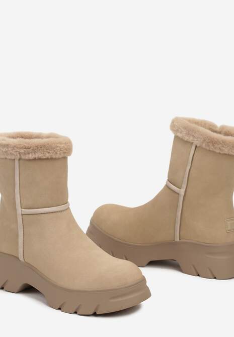 Beżowe Śniegowce na Niskiej Platformie z Ozdobnym Futerkiem Revianna