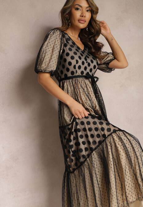Beżowo-Czarna  Maxi Sukienka Tiulowa Rozkloszowana z Paskiem i Bufiastymi Rękawami Bervilla