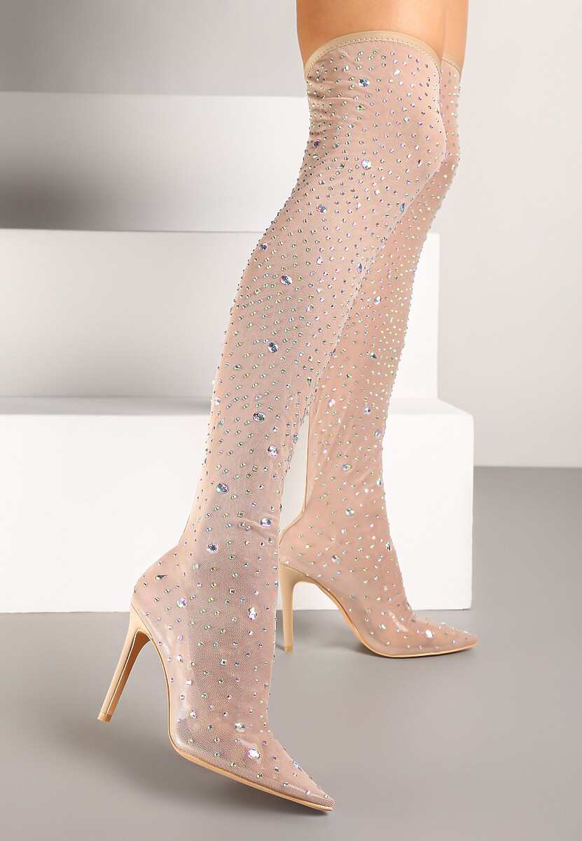 Czarne Kozaki na Szpilce za Kolano z Przezroczystą Cholewką Ozdobione Cyrkoniami Felilorn